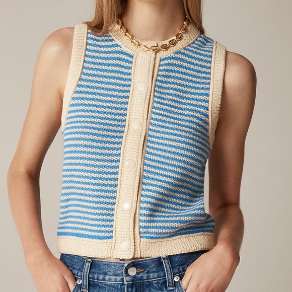 J. Crew Cropped Sweater Shell In Stripe NEW Large Blue Tan Stripes Snap Front